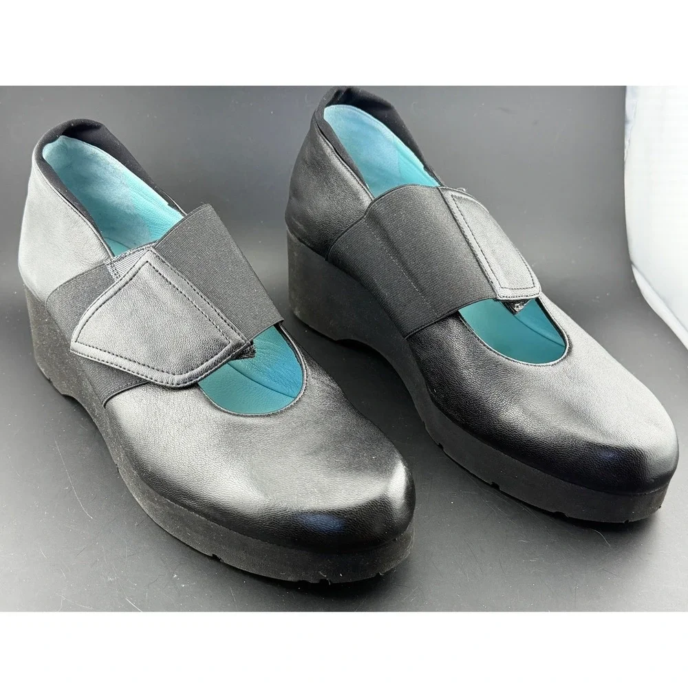Thierry Rabotin-Black Leather Platform Wedge Shoes, Made in Italy, Womens 6.5/37